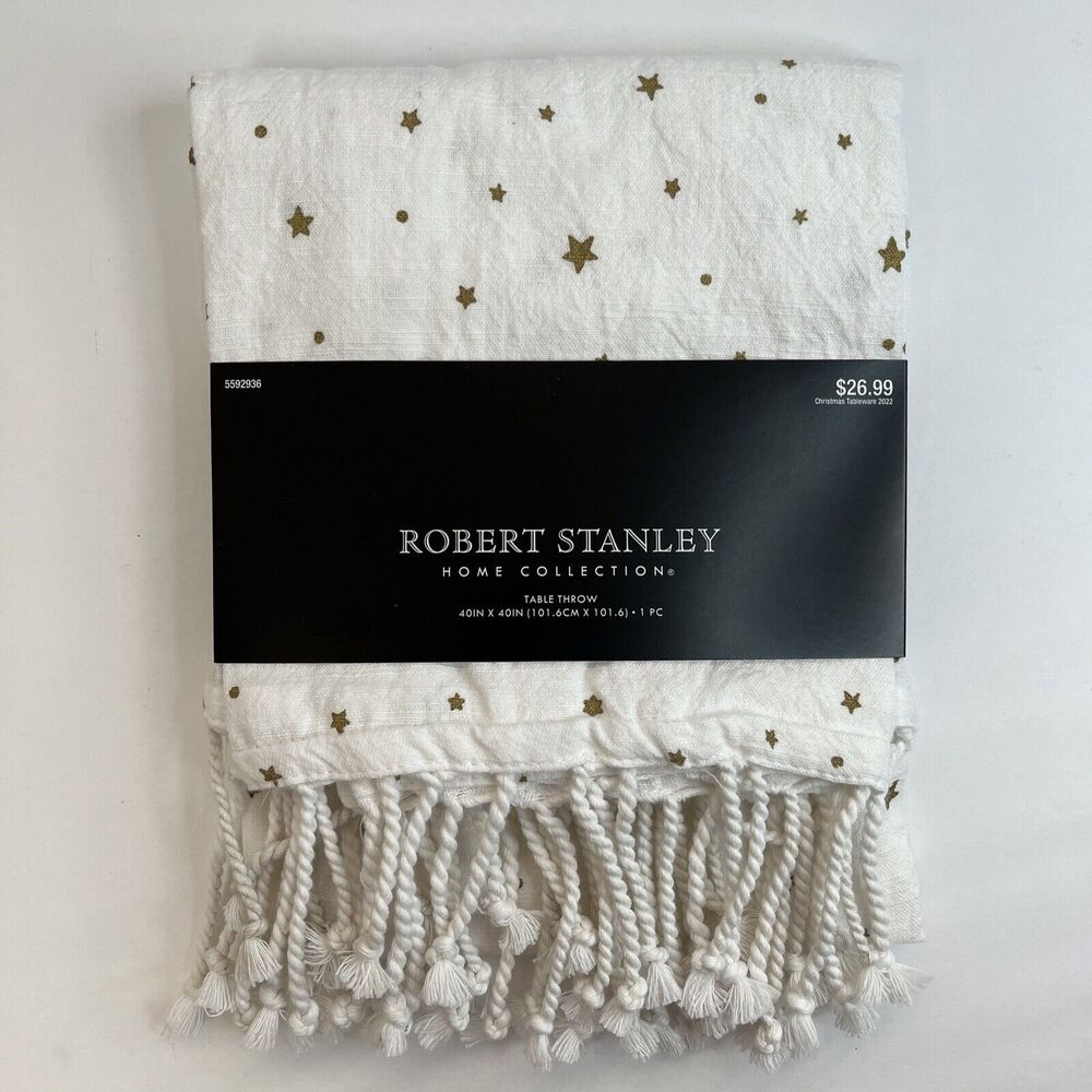 Robert Stanley White Table Throw 40x40 inch Metallic Gold Stars Fringe Cotton